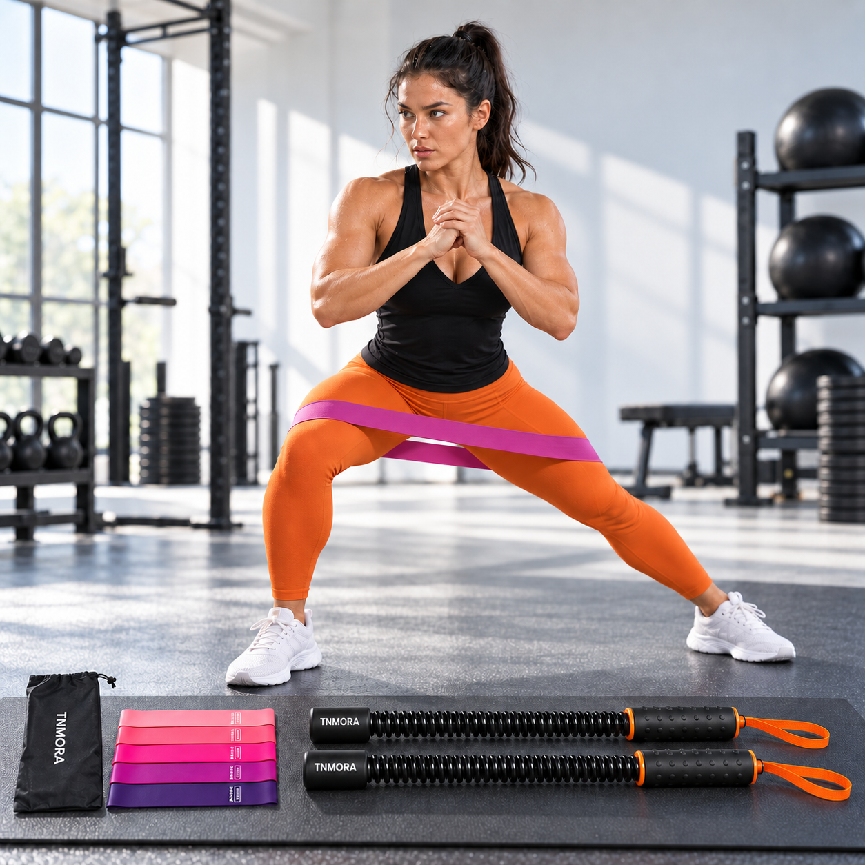 Female model performing a lateral step with a pink resistance band, with two TNMORA cordless ropes, five resistance bands, and a carry bag displayed in front.