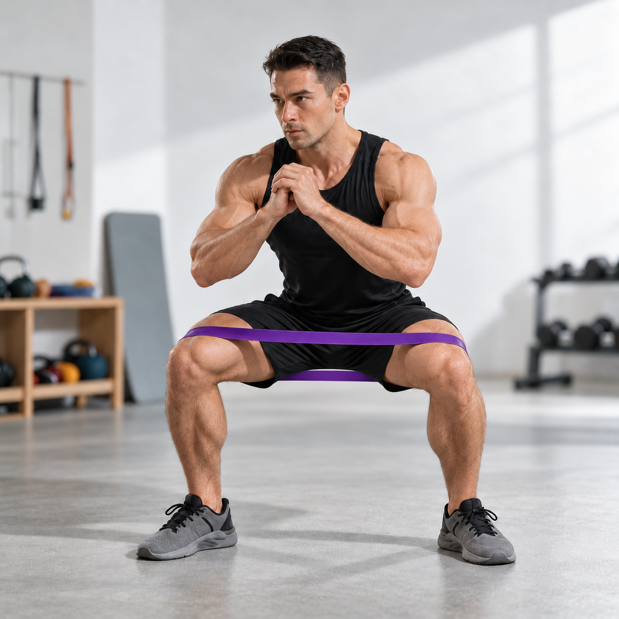 Male model in a black tank and shorts performing a squat with a continuous purple resistance-band loop above his knees.