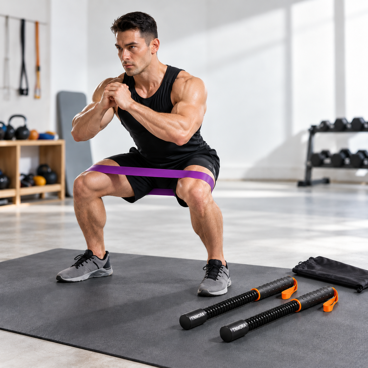 Male model squatting with a purple resistance band above his knees, with two TNMORA cordless ropes and a black carry bag on the mat.