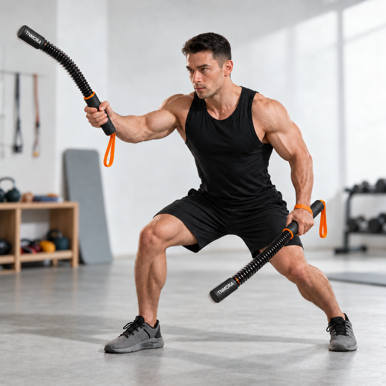 Male model in a squat stance holding one TNMORA cordless battle rope raised and the other lowered during alternating-wave training.