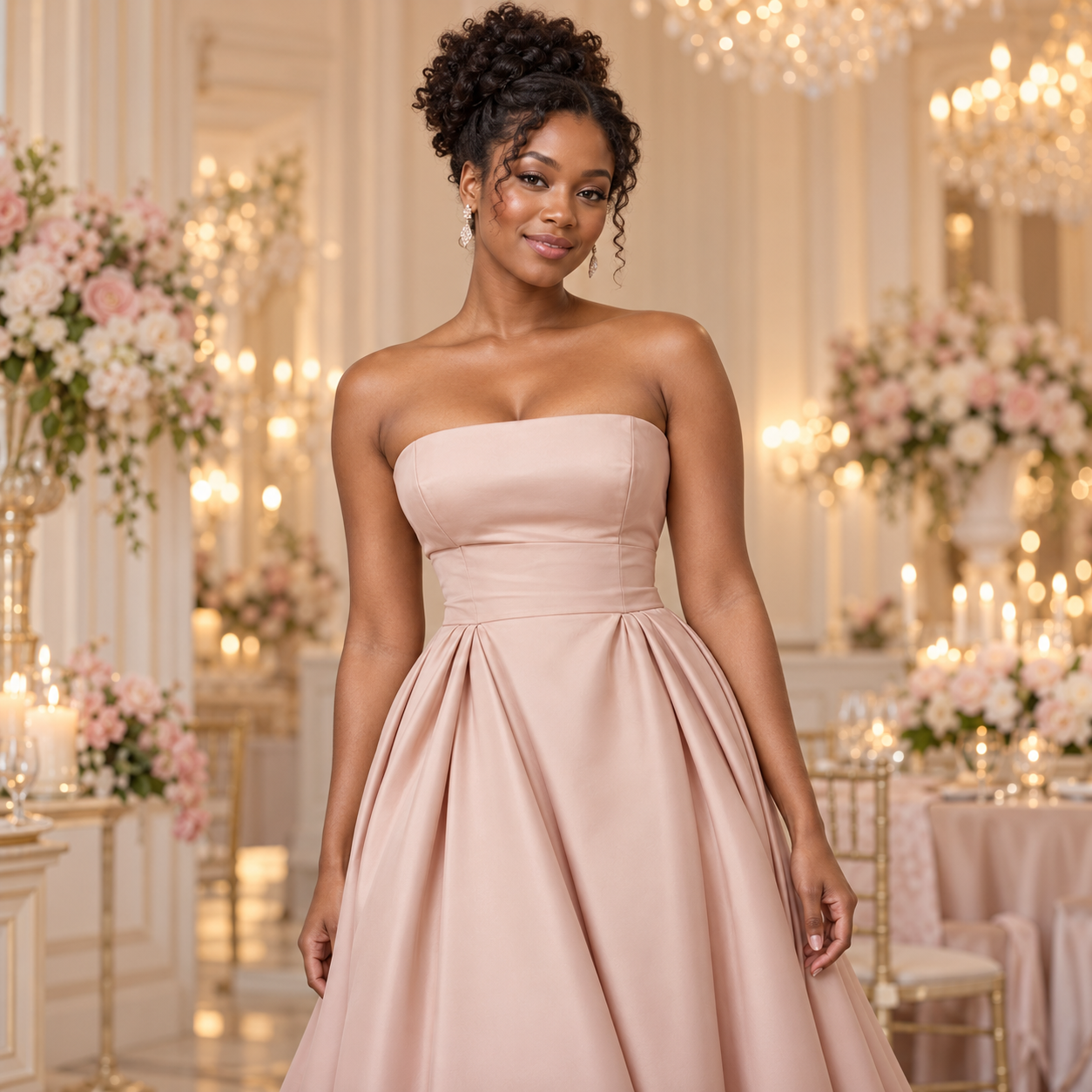 Model wearing a blush strapless gown in an elegant ballroom.