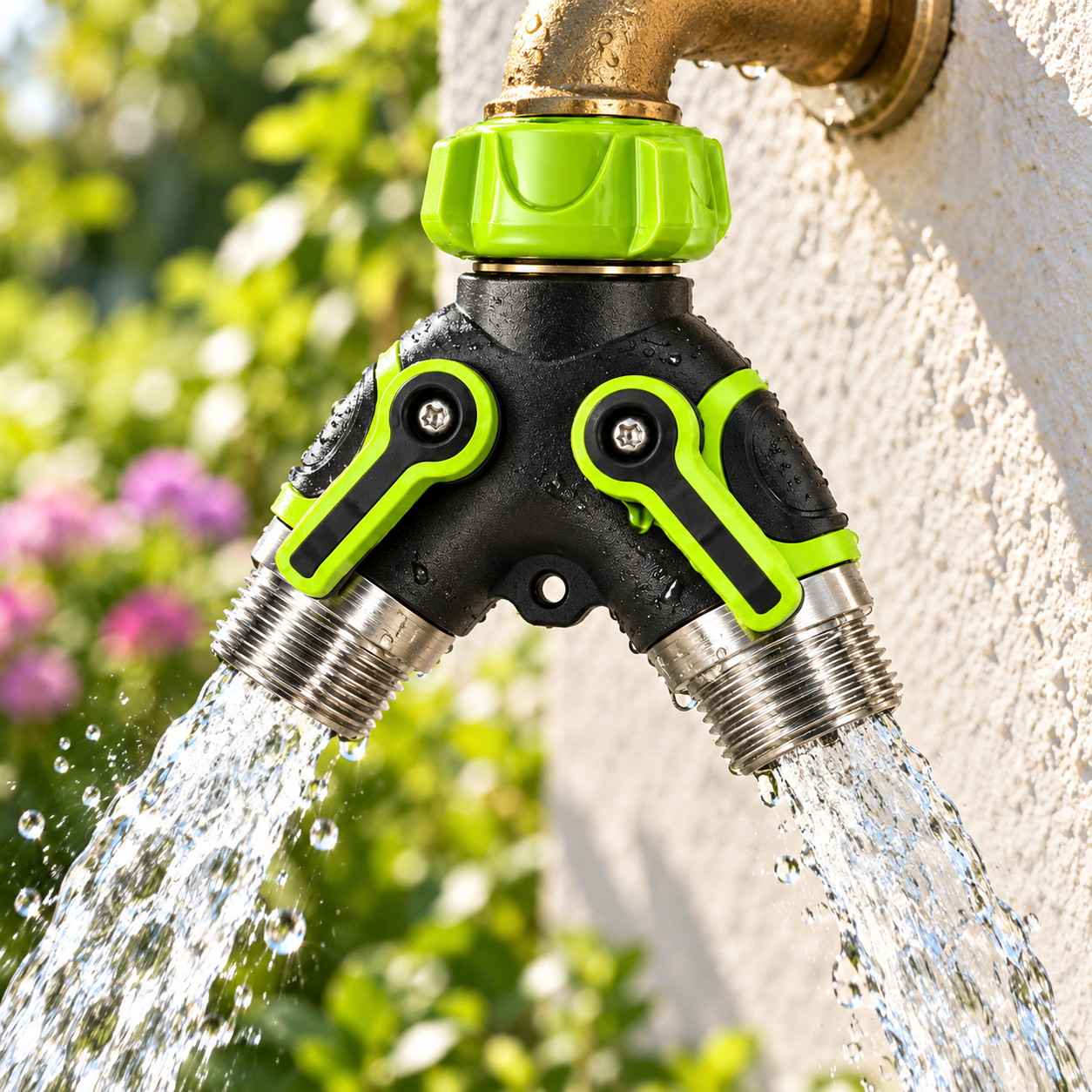 Water flowing from both silver outlets of a black-and-green garden faucet splitter.