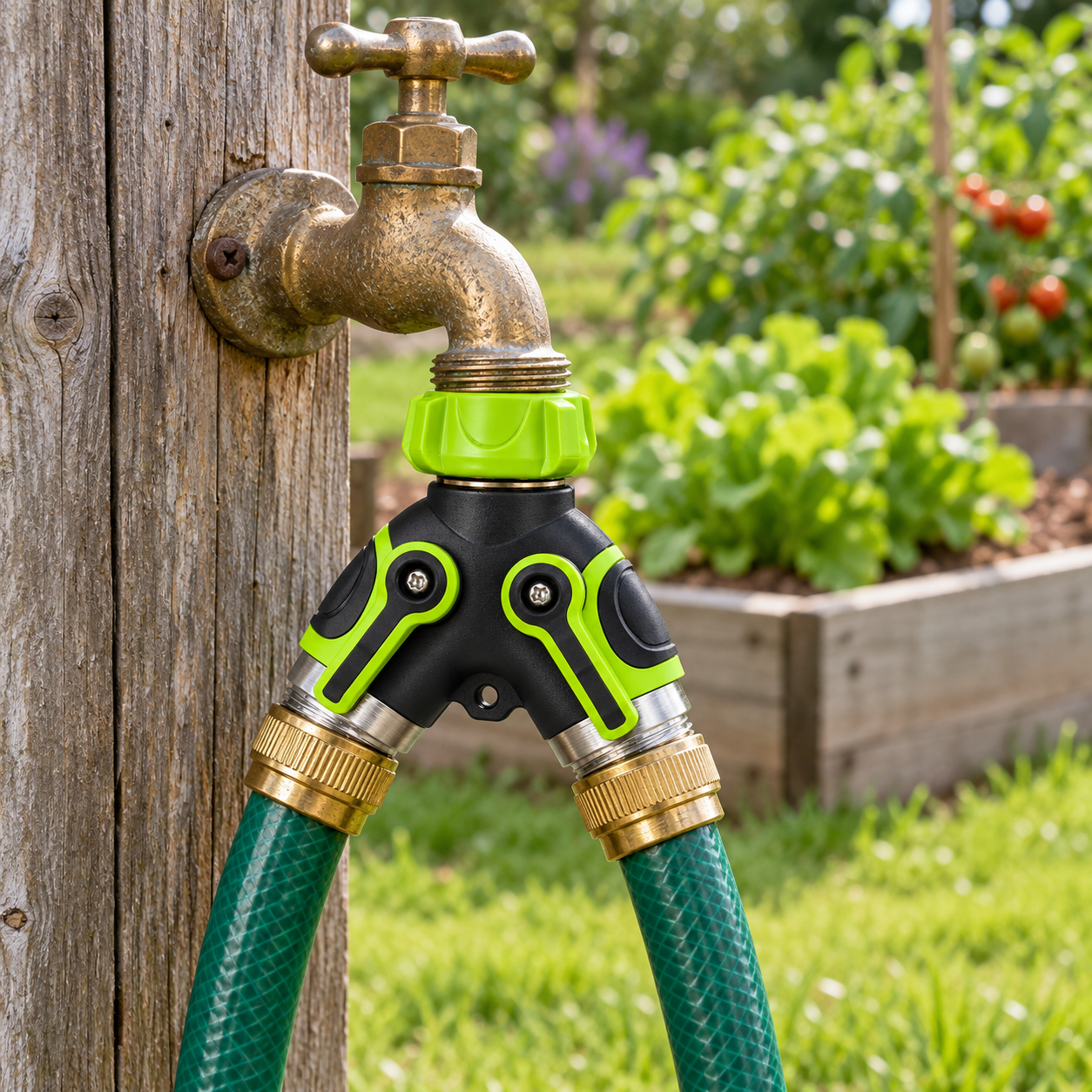 Garden splitter mounted on a wooden post beside a raised vegetable bed, with two green hoses attached.
