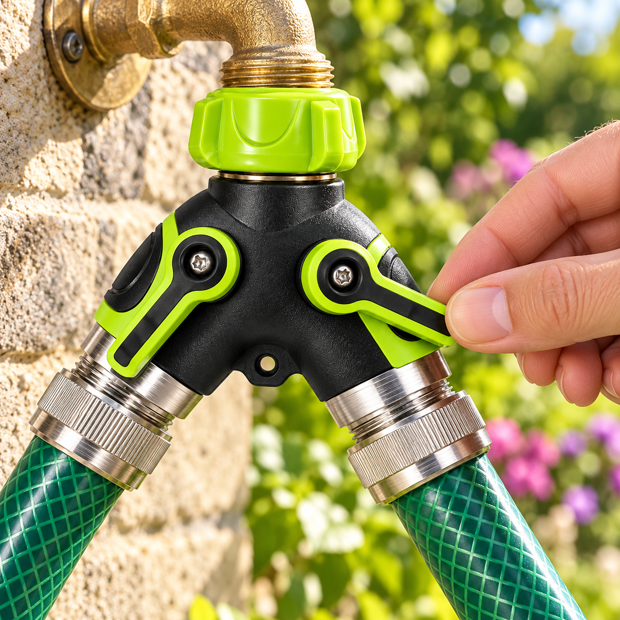 Hand adjusting the right valve on a garden splitter connected to two hoses.