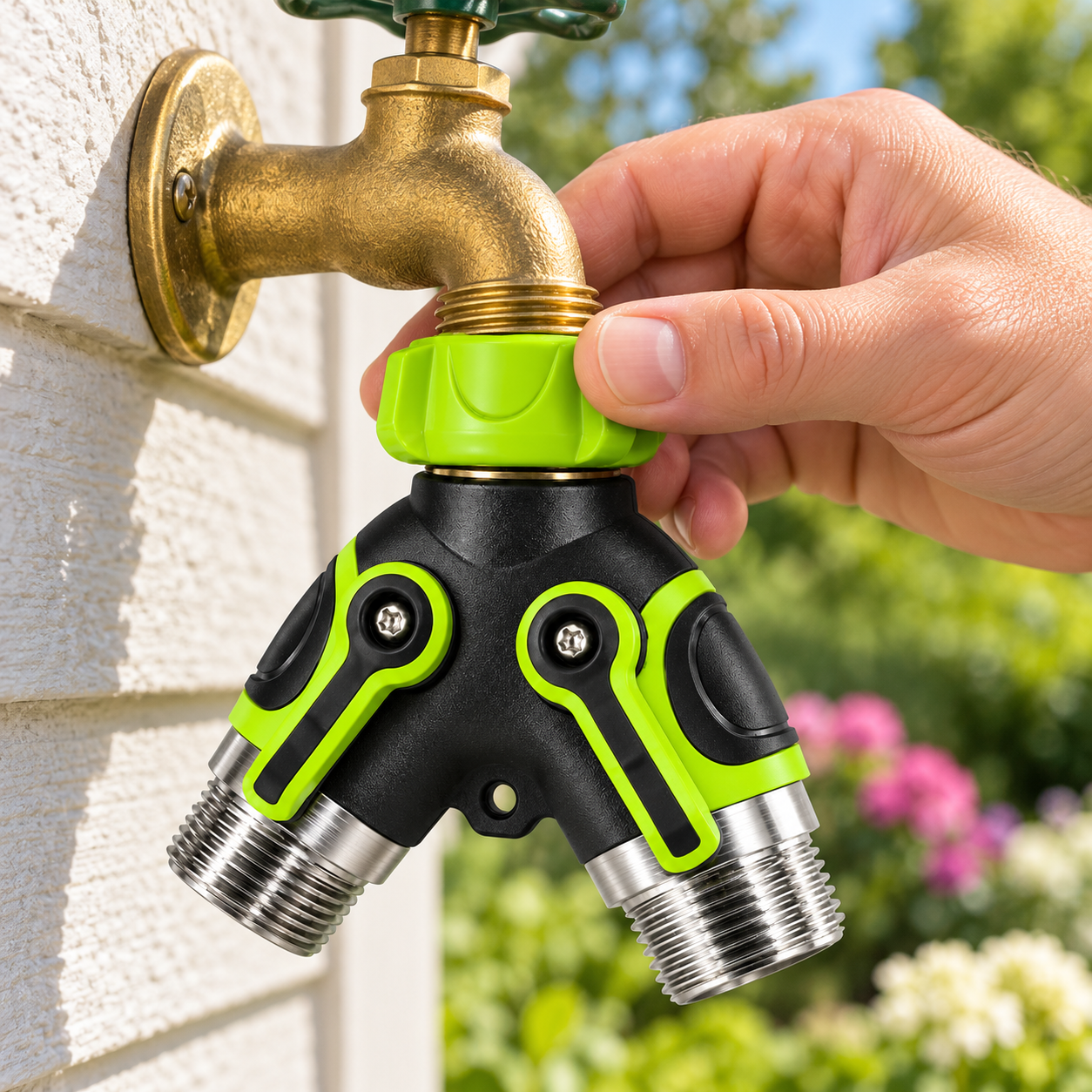 Hand securing the splitter’s green inlet coupling to a brass outdoor faucet.