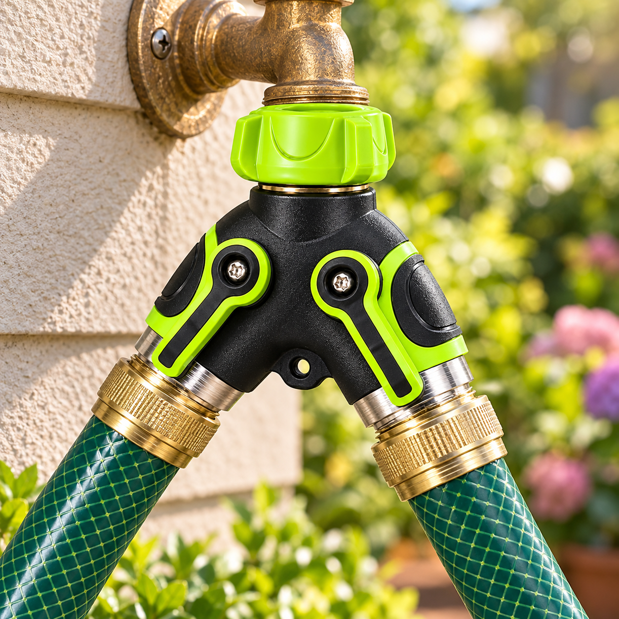 Black-and-green garden splitter attached to a brass faucet with two green hoses.