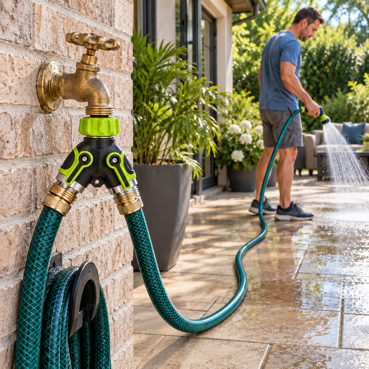 Man rinsing a patio with a spray nozzle and a green hose connected continuously to the garden splitter.