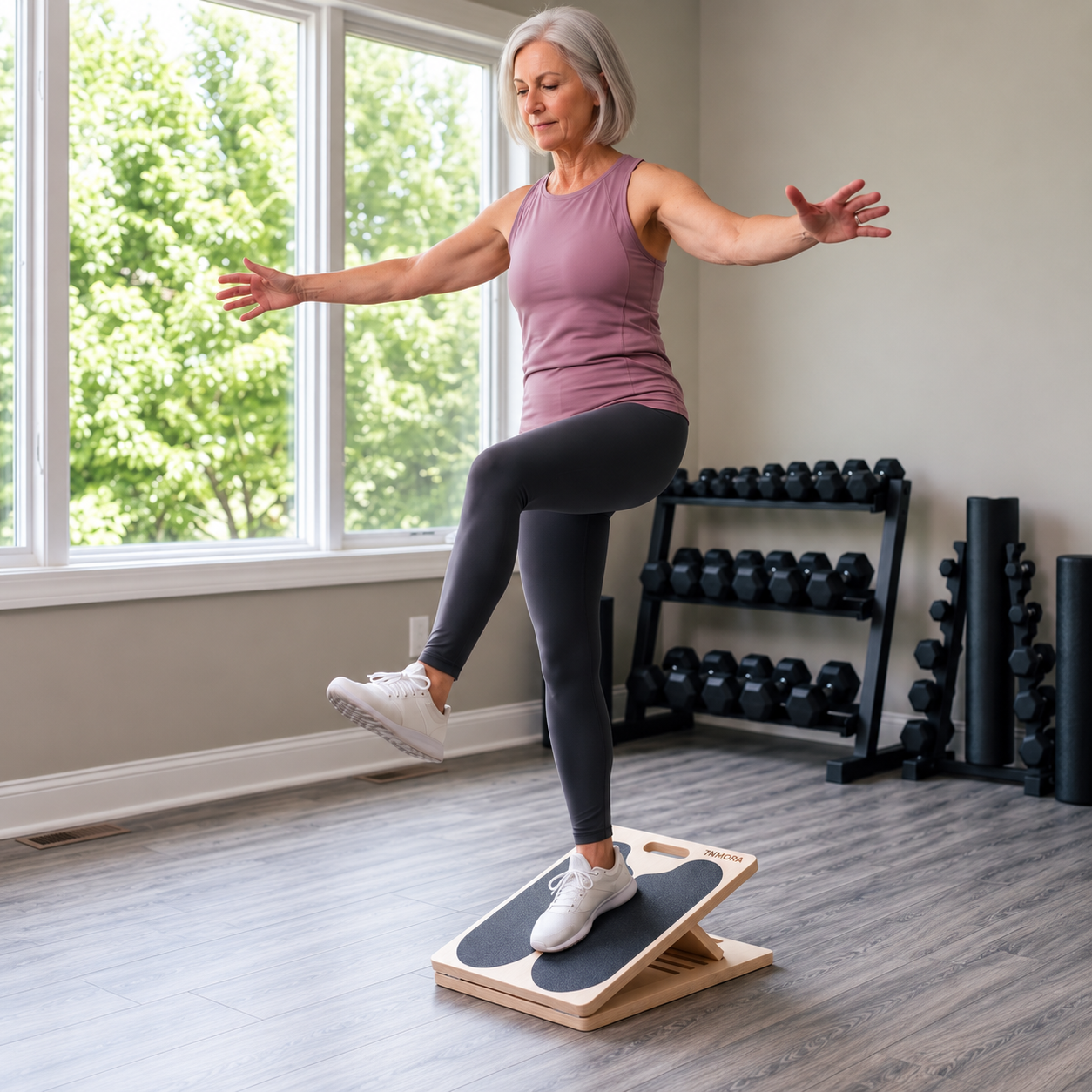 Person exercising on the TNMORA wooden board.