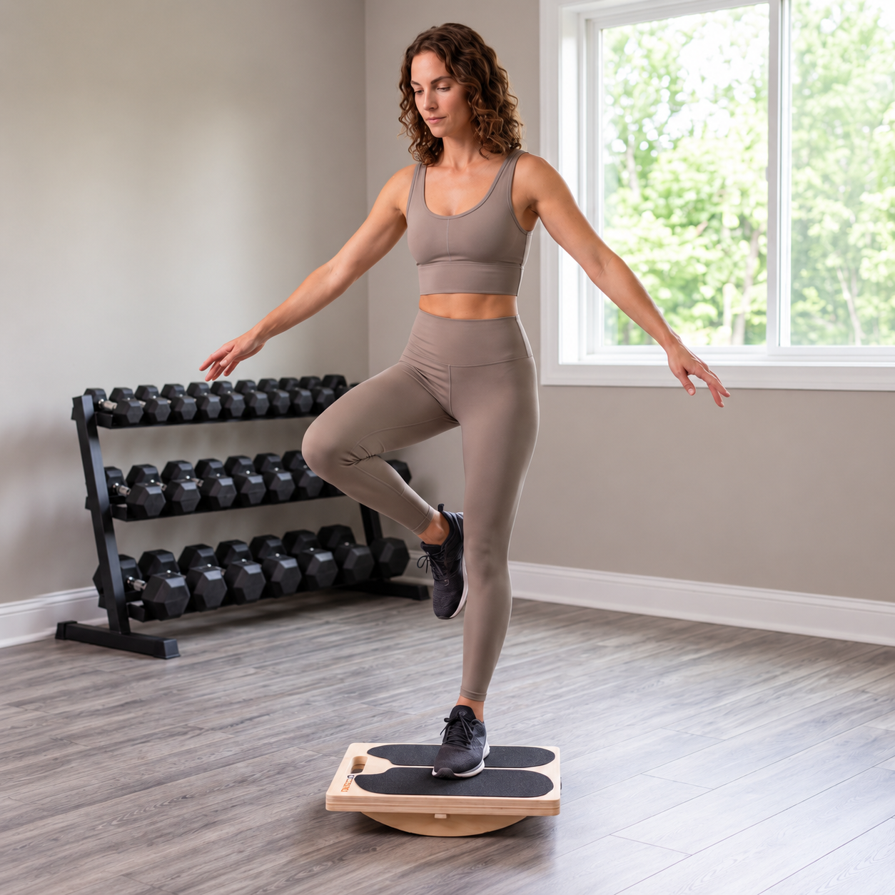Woman practicing single-leg balance on the TNMORA board.