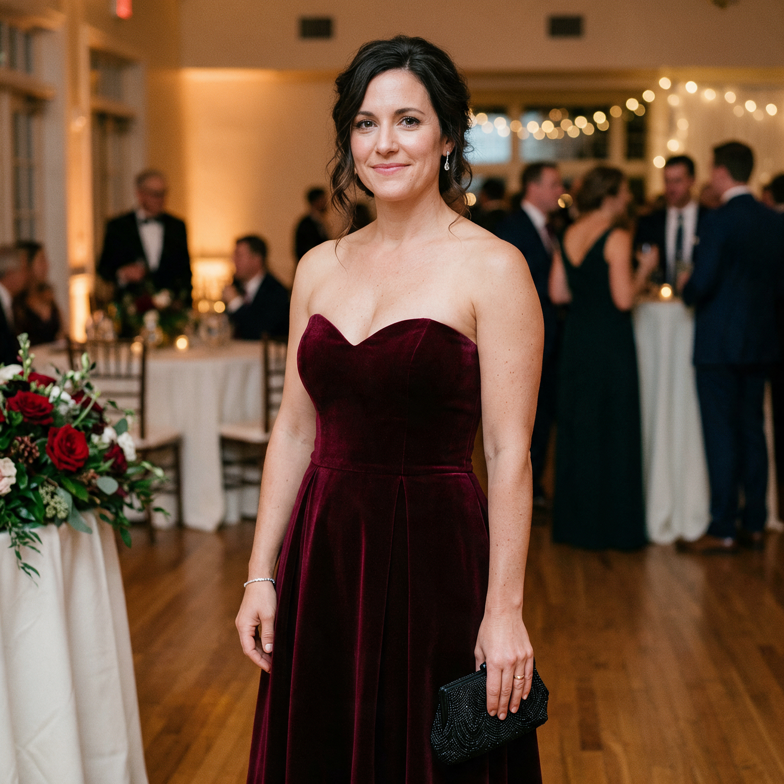 Woman wearing a burgundy strapless velvet gown and holding a black clutch at a formal reception.
